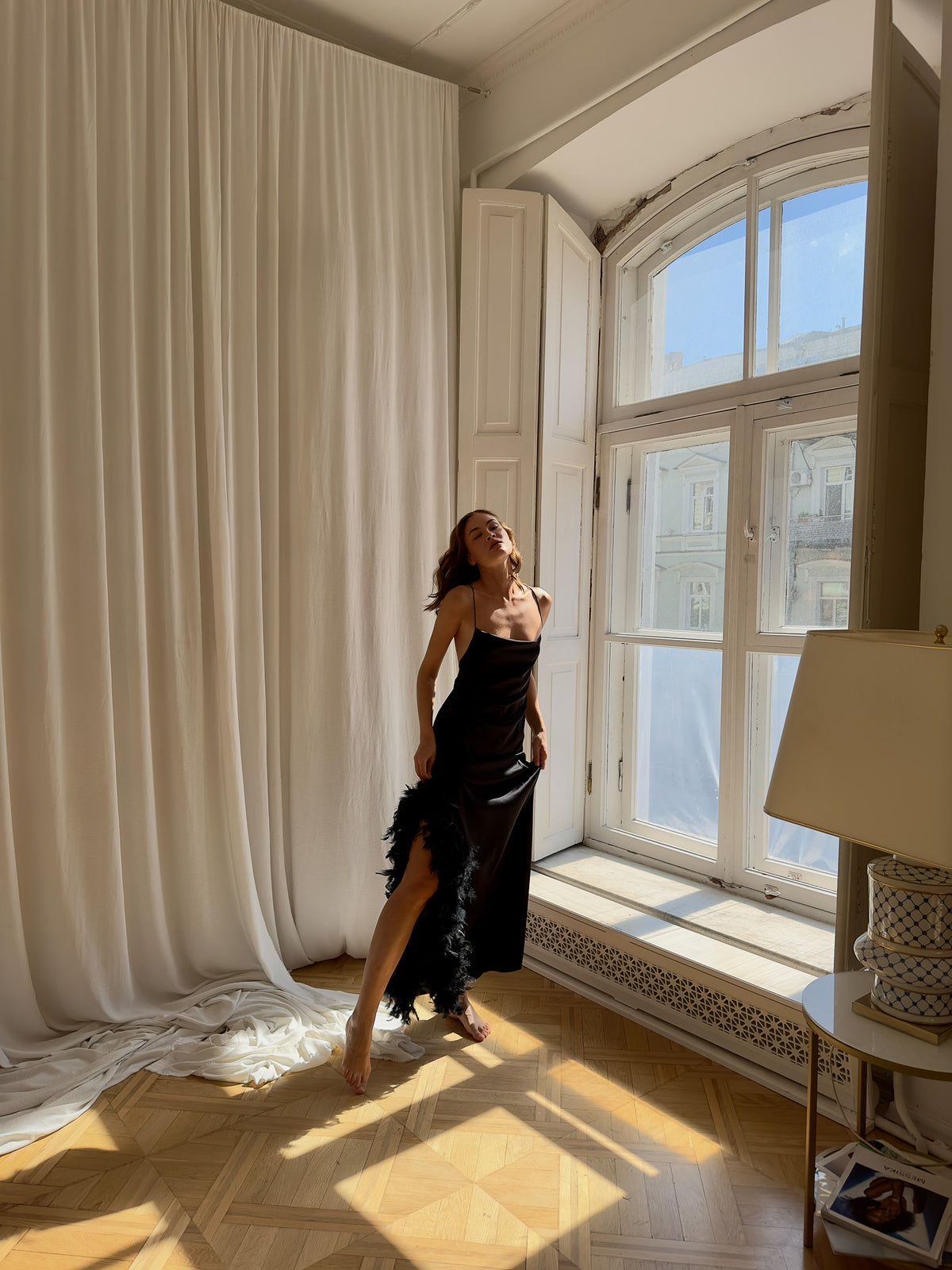 Okiya studio, silk bridesmaid robe with feathers, silk dress