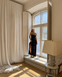 Okiya studio, silk bridesmaid robe with feathers, silk dress