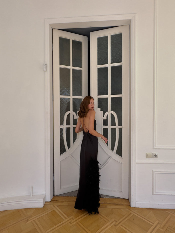 Gown with Feathers Details, silk long cocktail dress