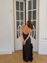 Okiya studio, silk bridesmaid robe with feathers, silk dress