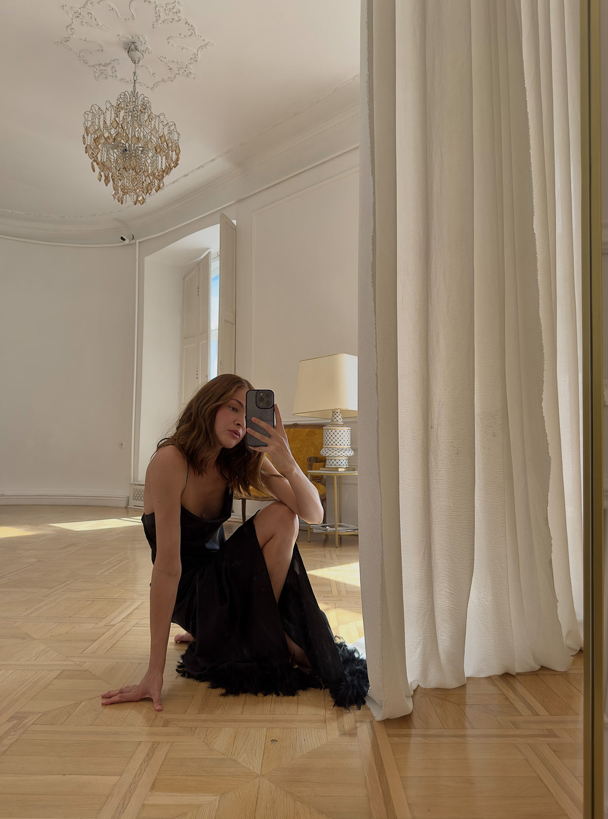 Okiya studio, silk bridesmaid robe with feathers, silk dress