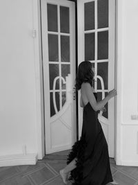 Okiya studio, silk bridesmaid robe with feathers, silk dress