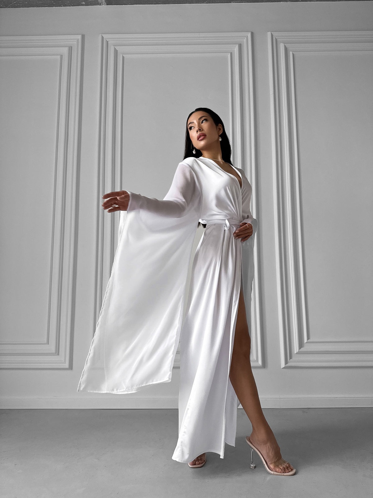Okiya Studio. Experience elegance in our Long Silky Robe, adorned with chiffon extra-long kimono sleeves. A perfect blend of comfort and refined style