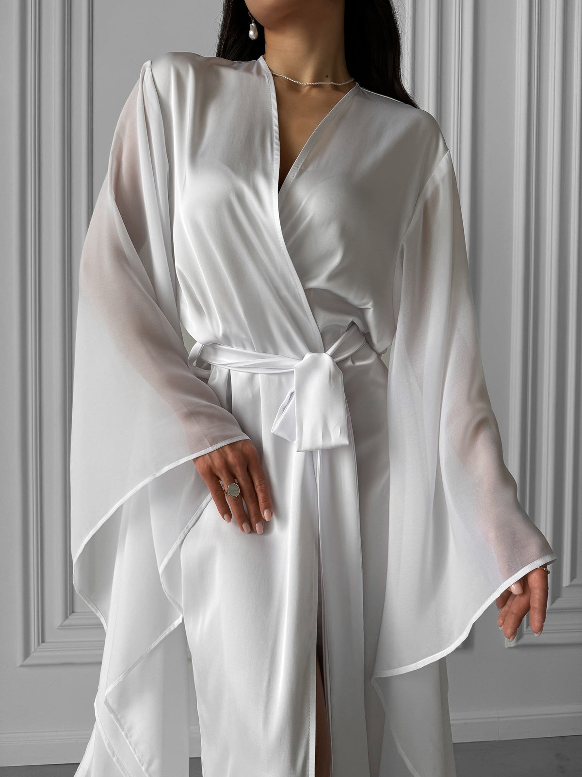 Okiya Studio. Celebrate your bridal moments with the sheer luxury of our Long Silky Robe, adorned with chiffon kimono sleeves. An exquisite choice for weddings and bridesmaids, embodying timeless elegance.