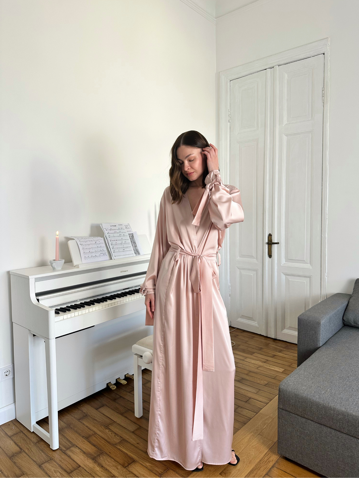 Silky Robe with Bow Cuff Ties - Okiya Studio