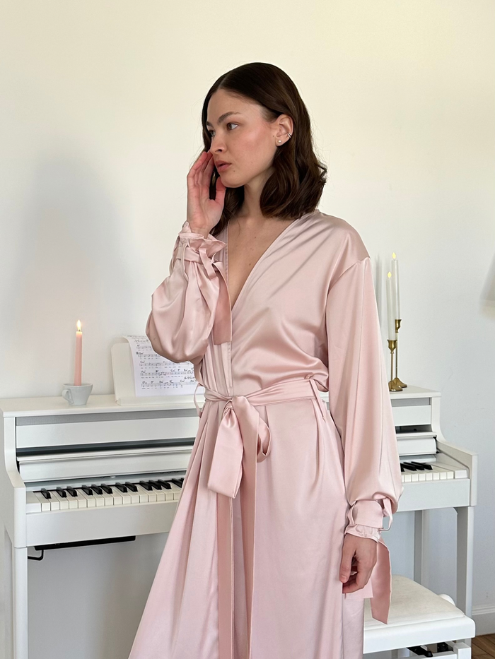 Silky Robe with Bow Cuff Ties - Okiya Studio