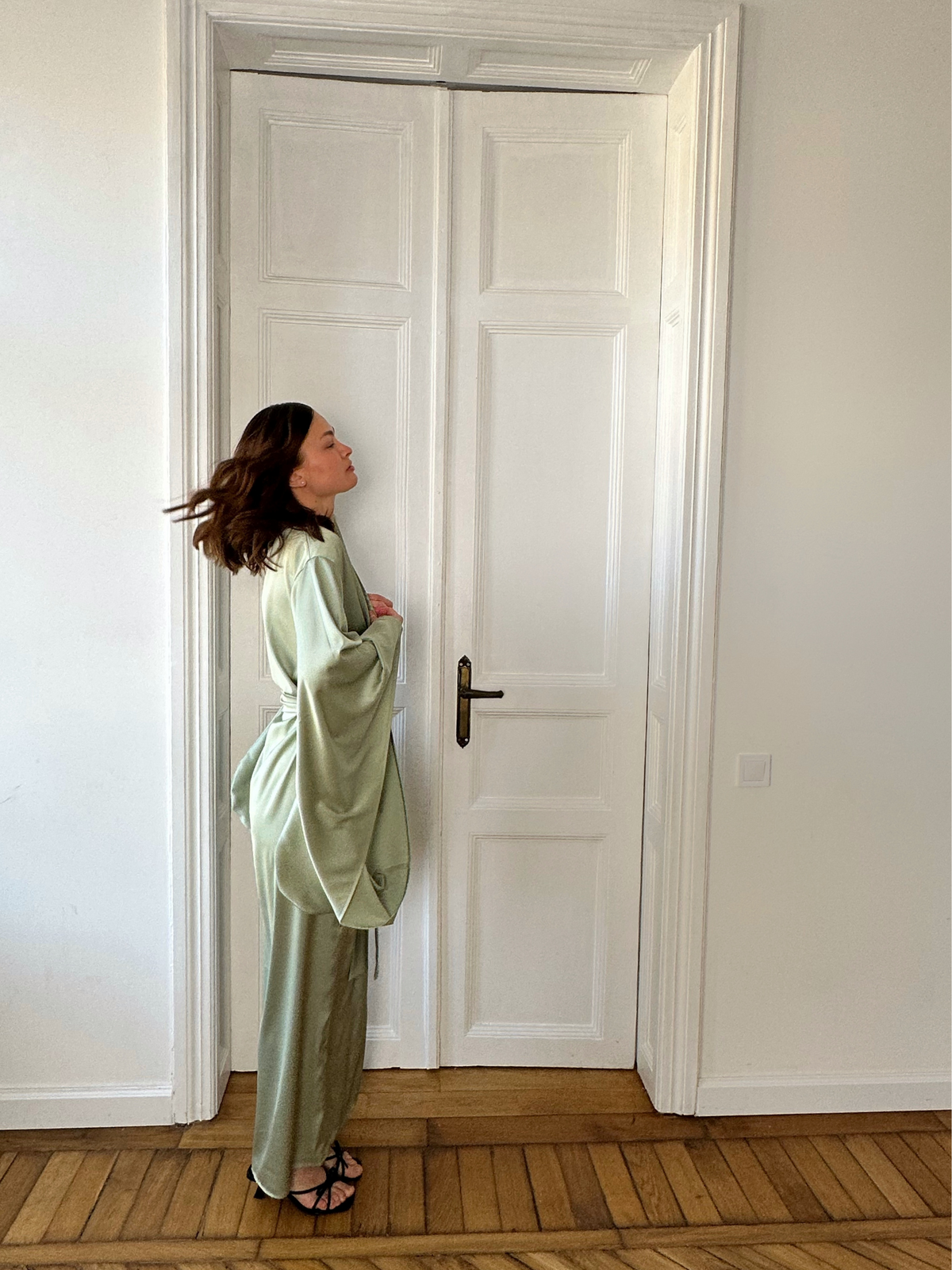 Pistachio Kimono Silky Long Robe - Okiya Studio