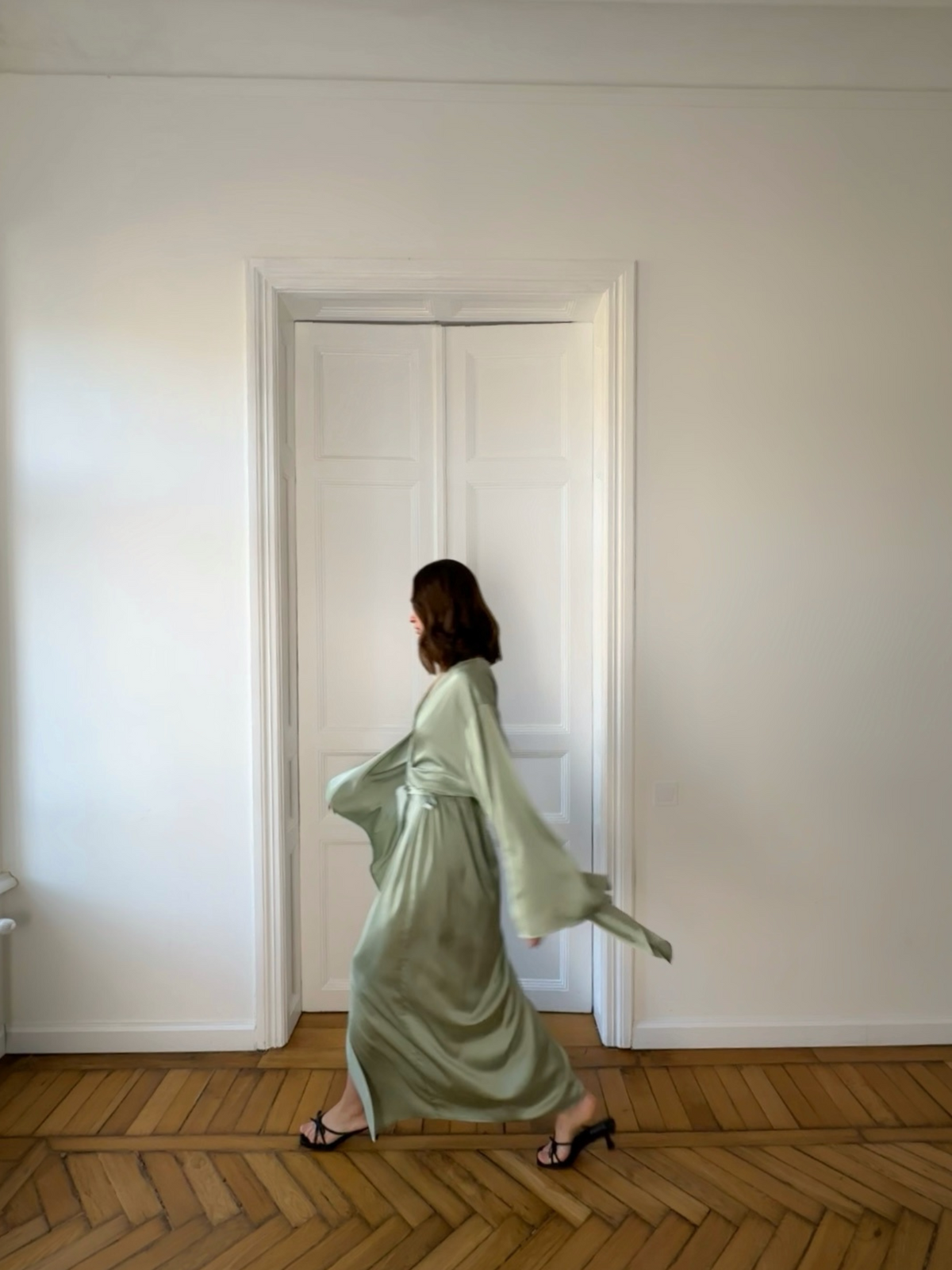 Pistachio Kimono Silky Long Robe - Okiya Studio