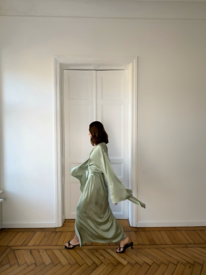 Pistachio Kimono Silky Long Robe - Okiya Studio