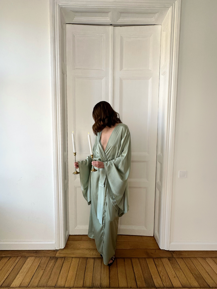 Pistachio Kimono Silky Long Robe - Okiya Studio