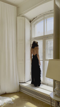Okiya studio, silk bridesmaid robe with feathers, silk dress