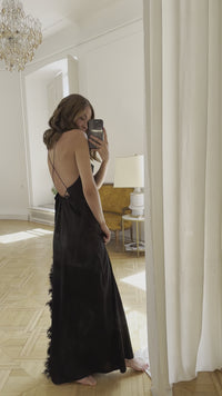 Okiya studio, silk bridesmaid robe with feathers, silk dress