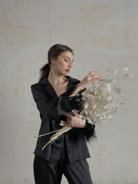 Black silky pajama suit with feathers