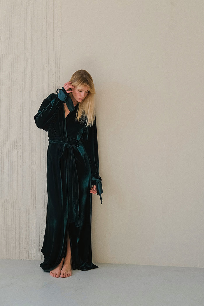 Velour Long Robe with Satin Ties-Robes-Okiya Studio