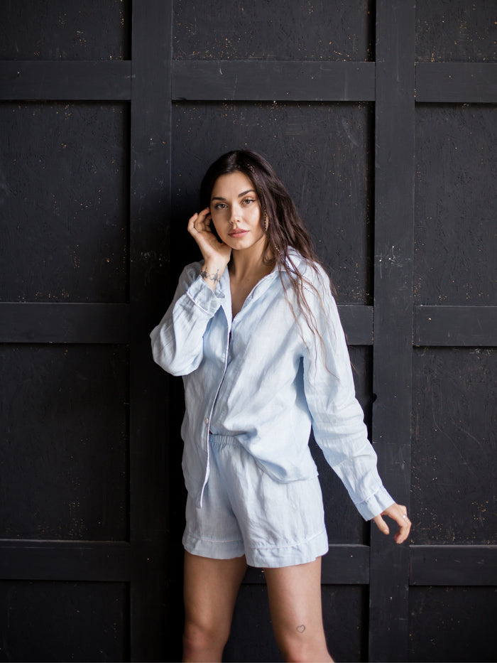 Linen Pajama Set Shirt plus Shorts-Pajamas-Okiya Studio