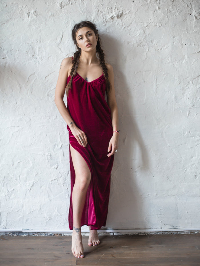 Velour Long Nightgown with Open Back-Nightgowns-Okiya Studio