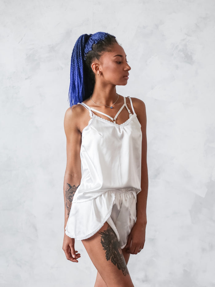 Satin pajama set (cami top and frill shorts) with lace-Pajamas-Okiya Studio