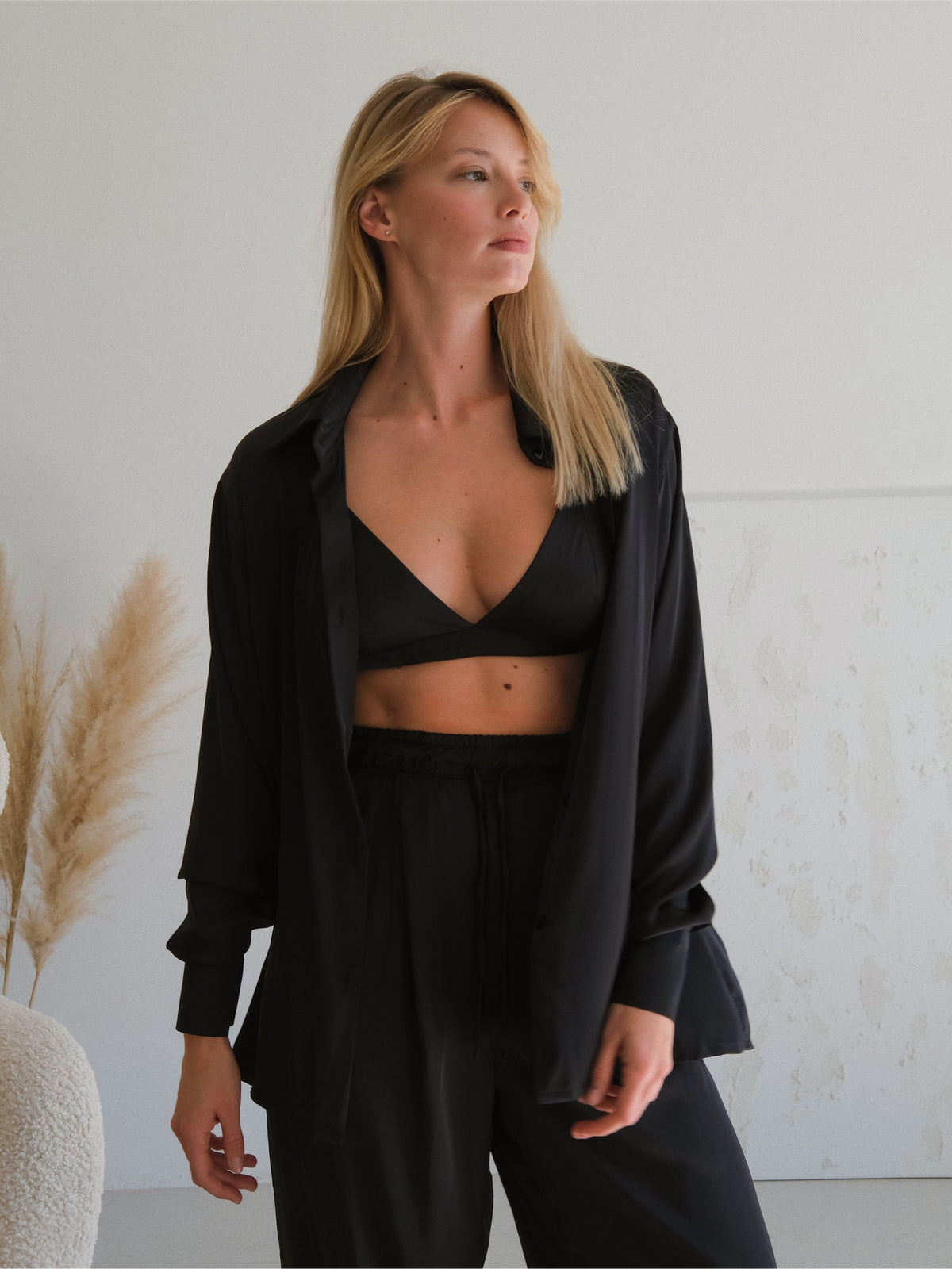 Silky 3-pieces pajama set - Pants, Bra-top, Shirt-Pajamas-Okiya Studio