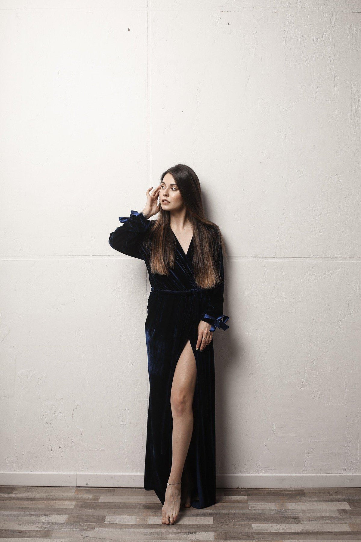 Velour Long Robe with Satin Ties-Robes-Okiya Studio