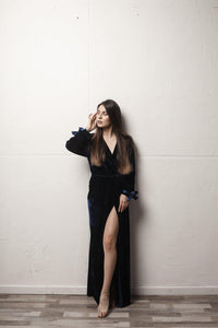 Velour Long Robe with Satin Ties-Robes-Okiya Studio