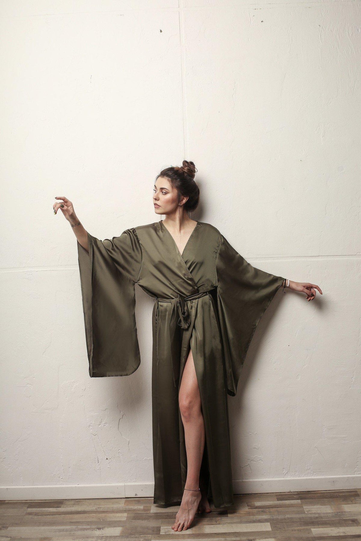 Kimono Sleeves Silk Long Robe-Robes-Okiya Studio