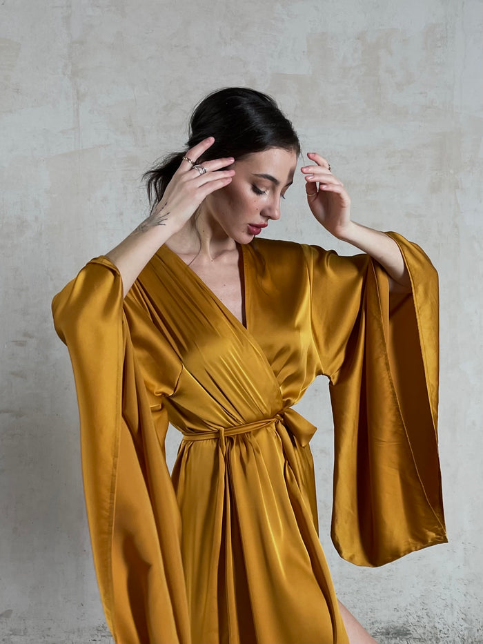 Kimono Sleeves Silk Long Robe-Robes-Okiya Studio