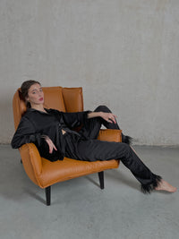 Black silky pajama suit with feathers-Pajamas-Okiya Studio