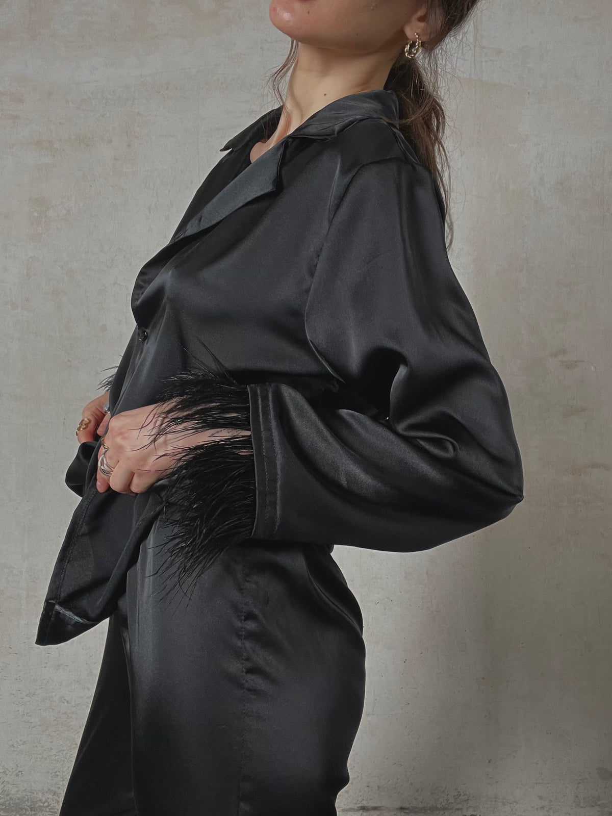 Black silky pajama suit with feathers-Pajamas-Okiya Studio