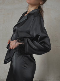 Black silky pajama suit with feathers-Pajamas-Okiya Studio
