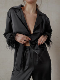 Black silky pajama suit with feathers-Pajamas-Okiya Studio