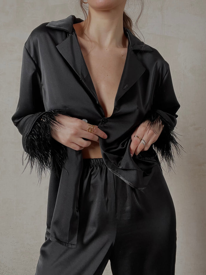 Black silky pajama suit with feathers-Pajamas-Okiya Studio