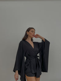 Kimono & Shorts silky pajama set. Silk Luxurious nightwear.