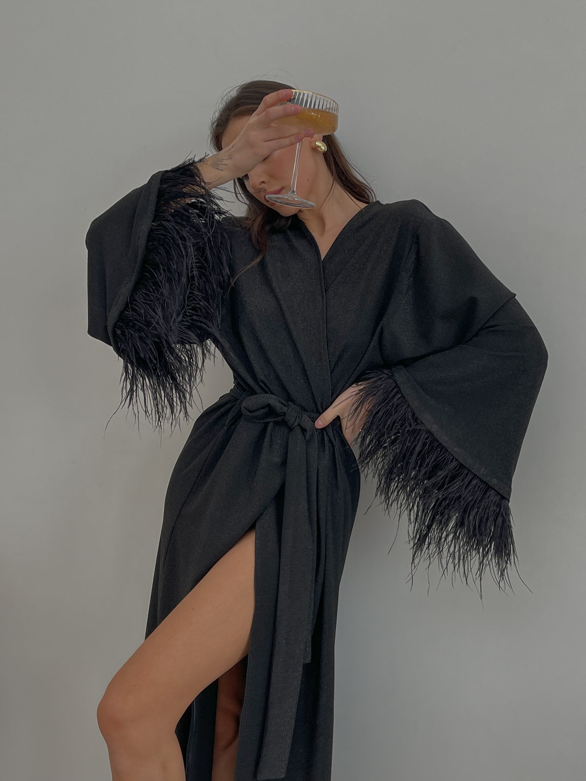Shiny long black robe with feathers sleeves-Robes-Okiya Studio