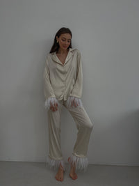 Ivory silky pajama suit with feathers-Pajamas-Okiya Studio