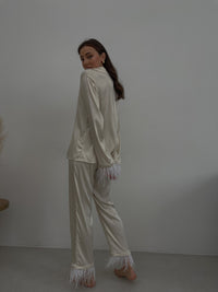 Ivory silky pajama suit with feathers-Pajamas-Okiya Studio