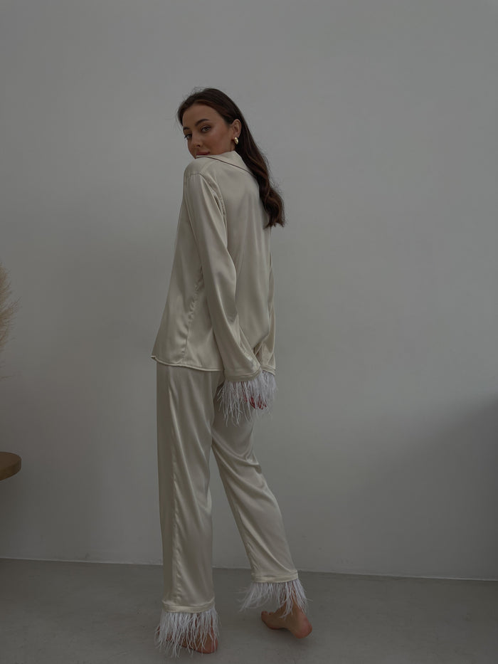 Ivory silky pajama suit with feathers-Pajamas-Okiya Studio