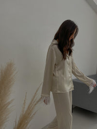 Ivory silky pajama suit with feathers-Pajamas-Okiya Studio