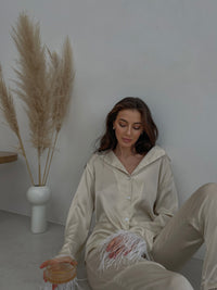 Ivory silky pajama suit with feathers-Pajamas-Okiya Studio