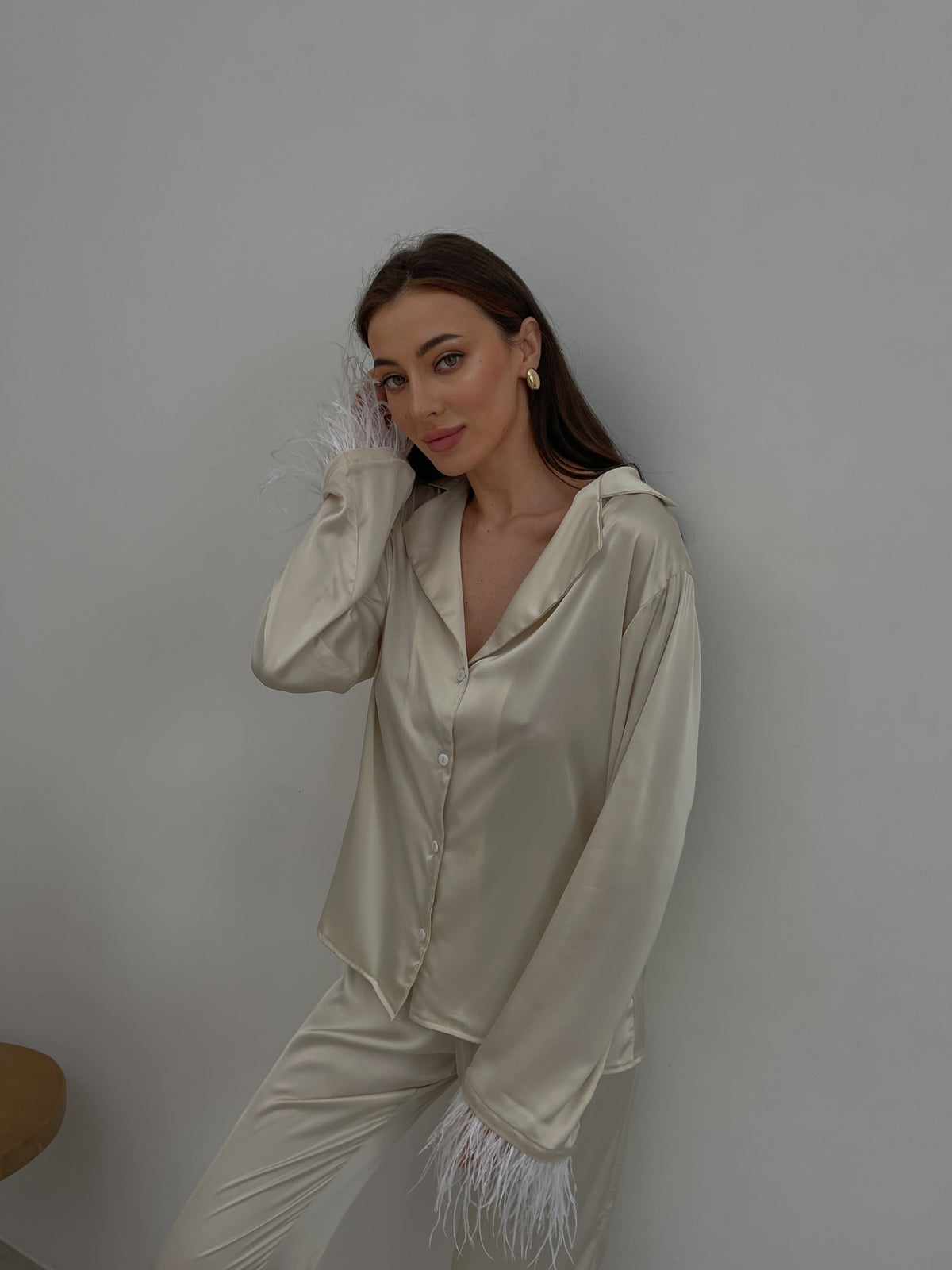 Ivory silky pajama suit with feathers-Pajamas-Okiya Studio