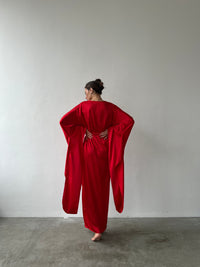 Kimono Silky Robe with Extra Long Sleeves in red color
