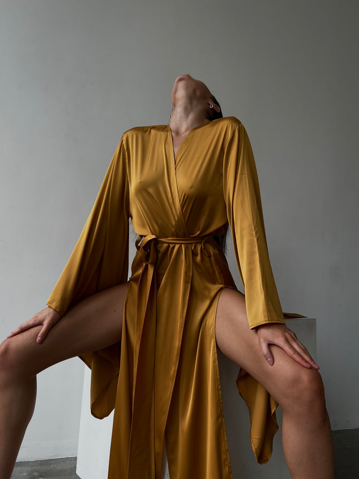 Split Side Silky Kimono Robe-Robes-Okiya Studio