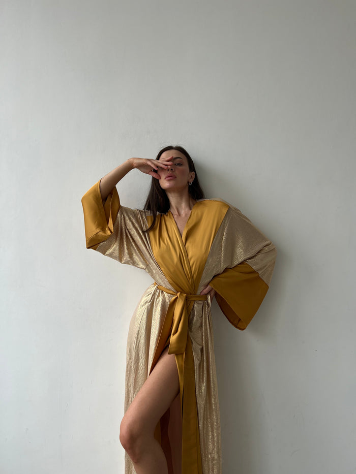 Gold Shiny Long Kimono Robe-Robes-Okiya Studio
