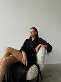 Long silky robe with feather sleeves-Robes-Okiya Studio