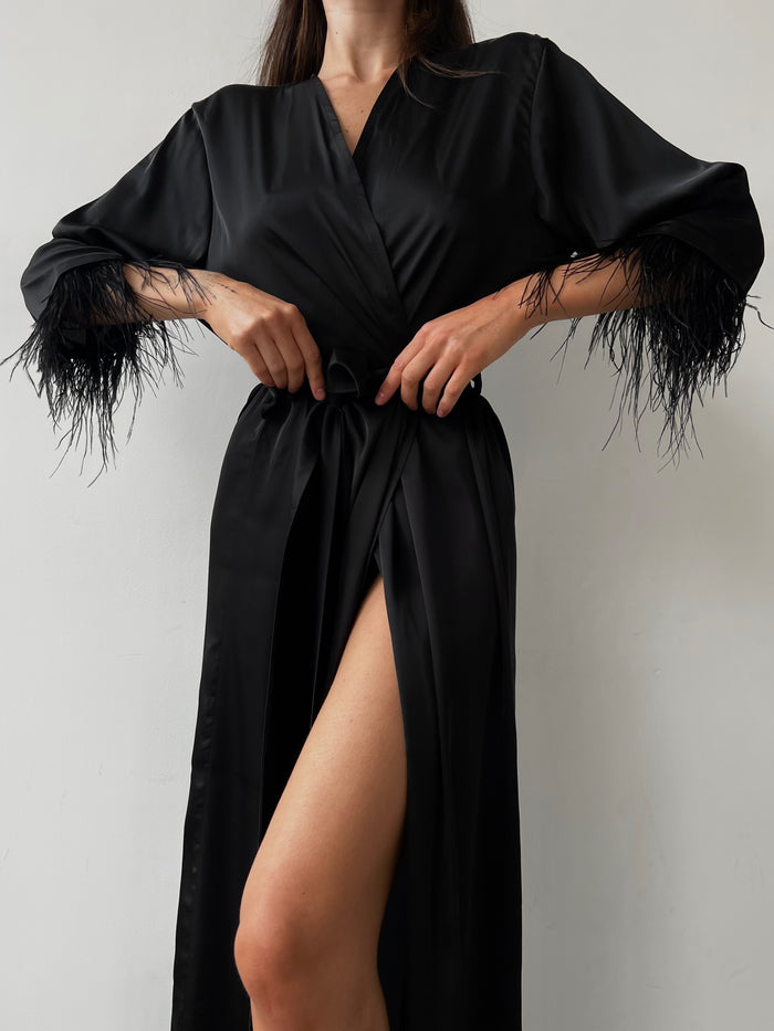 Long silky robe with feather sleeves-Robes-Okiya Studio