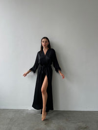 Long silky robe with feather sleeves-Robes-Okiya Studio