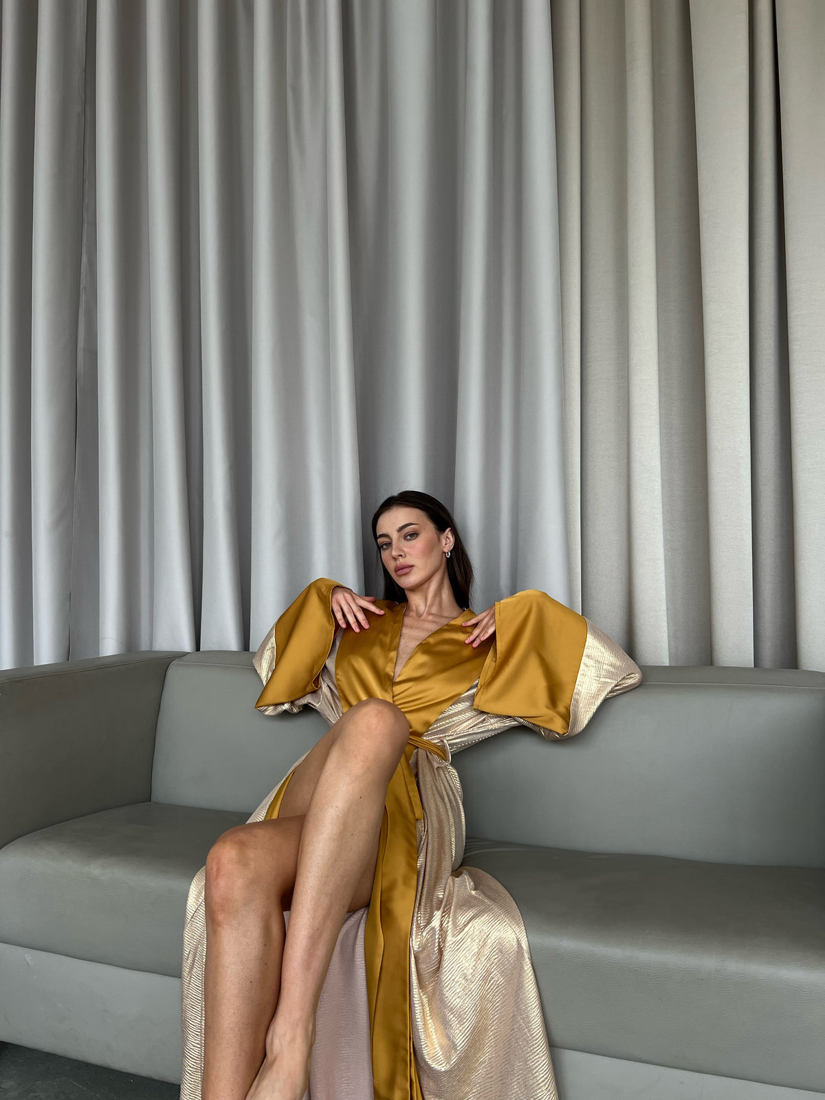 Gold Shiny Long Kimono Robe-Robes-Okiya Studio