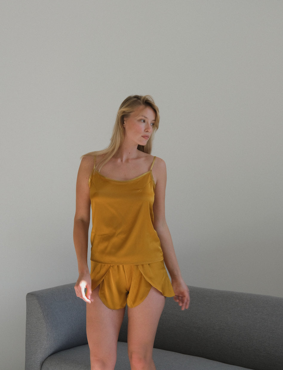 Silky Pajama Set Frill Shorts-Pajamas-Okiya Studio