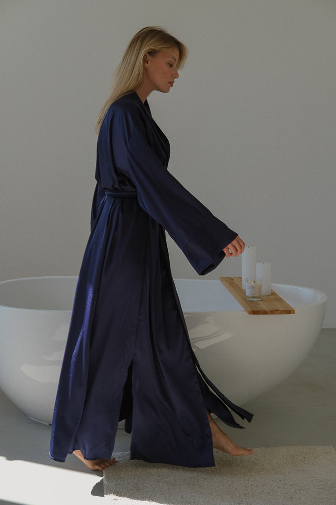 Long Silky Robe with Shawl Collar-Robes-Okiya Studio