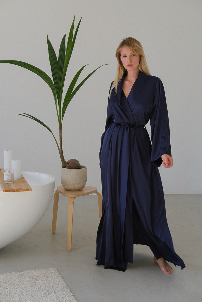 Long Silky Robe with Shawl Collar-Robes-Okiya Studio