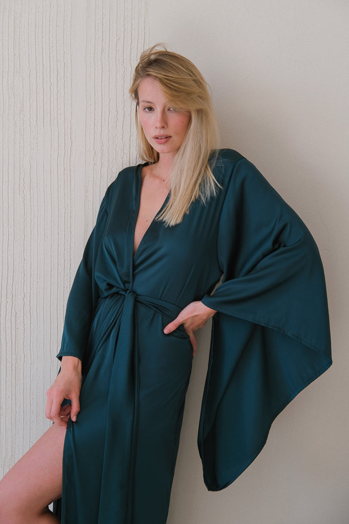 Kimono Sleeves Silk Long Robe-Robes-Okiya Studio